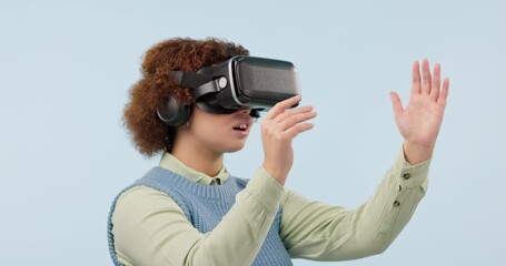 Poster - VR glasses, business woman and hands with metaverse, virtual reality and futuristic game in studio. Technology, gamer software and female professional with 3D and online tech with blue background