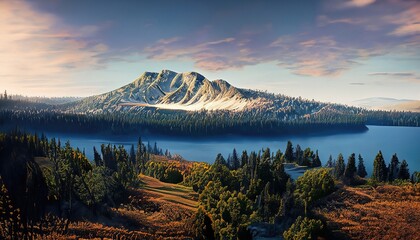 Wall Mural - Pacific Northwest mountain lake sunset fantasy landscape