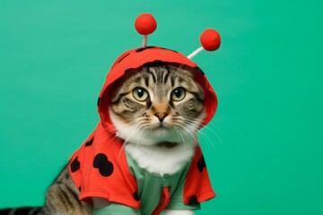 Wall Mural - ragamuffin cat wearing a ladybug costume against a spearmint green background