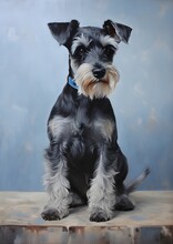 An Elegant Oil Painting Of A Miniature Schnauzer Dog, Full Body