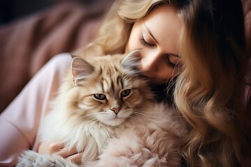 Sticker - A blonde girl hugs her cat. The atmosphere of warmth and comfort