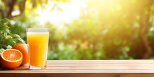 Glass Of Orange Juice On A Wooden Table Against A Background Of A Blurred Orange Garden. Ai Generative