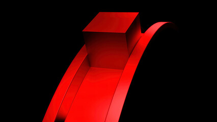 Poster - Abstractions with moving figures on a black background. Design. Metal cube and arcuate road.