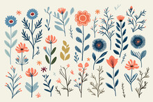 Embroidered Floral Pattern, Wallpaper, Background, Hand-drawn Cartoon Illustrations In Minimalist Vector Style