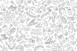 Fast food seamless pattern with vector line icons of hamburger, pizza, hot dog, cheeseburger. Restaurant menu background, tasty unhealthy food