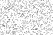 Fast Food Seamless Pattern With Vector Line Icons Of Hamburger, Pizza, Hot Dog, Cheeseburger. Restaurant Menu Background, Tasty Unhealthy Food