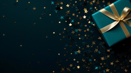 Wall Mural - blue present with gold bow on black background mockup template