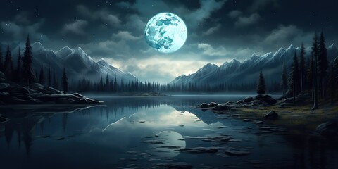 Wall Mural - AI Generated. AI Generative. Evening night nature outdoor landscape background full moon and mountains. Graphic Art