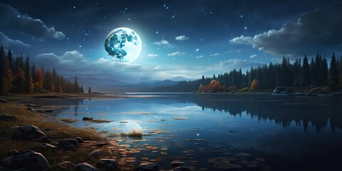 Wall Mural - AI Generated. AI Generative. Evening night nature outdoor landscape background full moon and mountains. Graphic Art