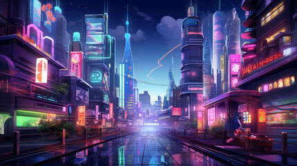 Wall Mural - A vibrant cityscape at night, lit up with neon signs, reflecting the dynamic energy and nightlife of a modern metropolis