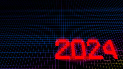 Poster - 2024 New Year sign with technology grid in retro computer style. Synthwave or cyberpunk styled number 2024 for calendar and winter holidays event.