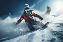 Young Couple Snowboarding In Ski Resort