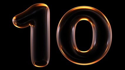 Poster - Seamless animation of glowing number 10 with light and reflections isolated on black background in 3d rendering.