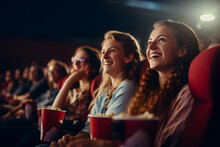 group of female friends at cinema watching movie