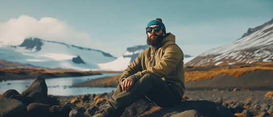 Wall Mural - male travel influencer in a snowy mountain landscape