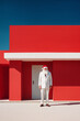 © Maksim Kostenko - Unfriendly Santa Claus in a white suit next to a red house. Generative AI