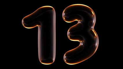 Poster - Seamless animation of glowing number 13 with light and reflections isolated on black background in 3d rendering.