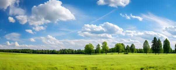 Panoramic natural landscape with green grass field blue sky