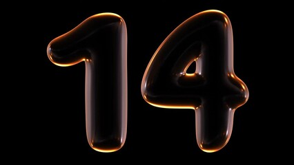 Poster - Seamless animation of glowing number 14 with light and reflections isolated on black background in 3d rendering.