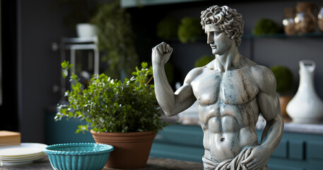 Wall Mural - Marble greek statue cooks food in the modern kitchen 