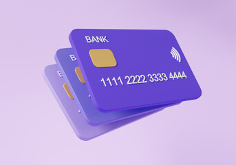 Sticker - Purple credit or debit card floating on pastel background. shopping online payments concept. money transfer business financial transactions, minimal cartoon style. 3d render elements