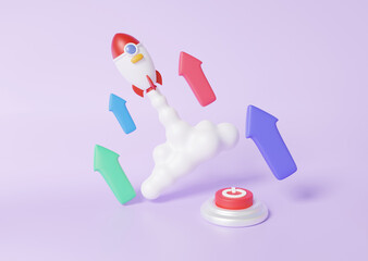 Poster - Power button startup business spaceship rocket spewing smoke fly to the moon future innovation.analytics vision arrow target growth profit financial business economics concept. 3d render. illustration