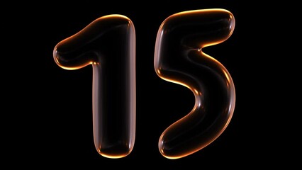 Poster - Seamless animation of glowing number 15 with light and reflections isolated on black background in 3d rendering.