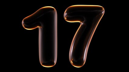 Poster - Seamless animation of glowing number 17 with light and reflections isolated on black background in 3d rendering.