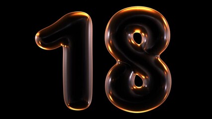Poster - Seamless animation of glowing number 18 with light and reflections isolated on black background in 3d rendering.