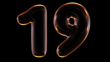 Poster - Seamless animation of glowing number 19 with light and reflections isolated on black background in 3d rendering.