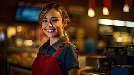 Portrait of Smiling young female supermarket worker. Generative Ai