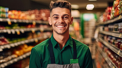 Portrait of Smiling young male supermarket worker. Generative Ai