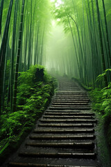 Wall Mural - Bamboo forest with steep mountain road, rain, fog. Generative AI