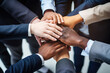 © Jasmina - Diverse team of businesspeople joining their hands together in unity, coming together in success