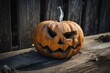 After Halloween: Jack o lantern made of pumpkin near old fence. Generative AI