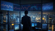 © mandu77 - Rear view of businessman looking at monitor with stock market chart at night. Side view of young businessman sitting at desk and looking at monitors with forex chart on screen, investment strategy