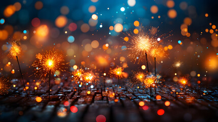 Wall Mural - new year and christmas party background with sparklers and bokeh lights