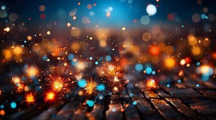 Wall Mural - christmas firework light shine particles bokeh on navy blue background. christmas and new year backg