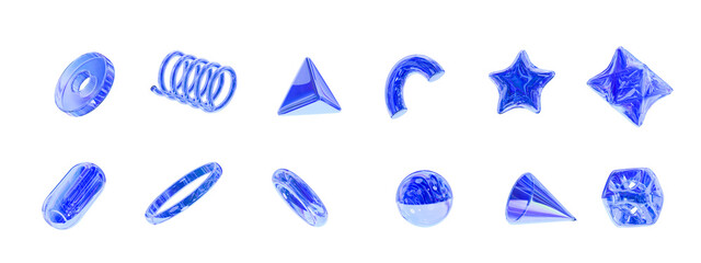 Aufkleber - 3d set holographic geometric shape: square, cylinder, sphere, pyramid, torus, star, cone, icosphere. Metal simple figures with grid for your design on isolated background. 3d rendering..