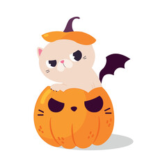 Poster - Halloween with Grumpy Cat Sitting in Pumpkin Vector Illustration