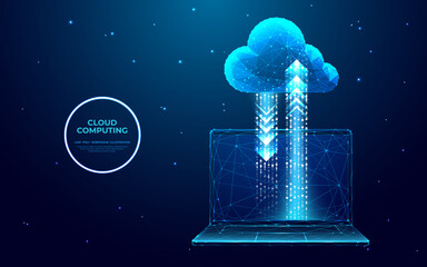 Abstract laptop with digital cloud computing. Cloud technology. Data storage. Internet and networking service concept. Low poly wireframe vector illustration in futuristic blue hologram style.