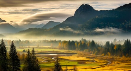 Wall Mural - Autumn Morning in Snoqualmie Valley: A Beautiful Misty Park with Tree-Filled Views of Mount Si in Pacific Northwest