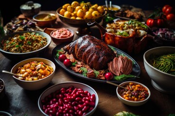 Wall Mural - Autumn Gathering with Family and Friends: Thanksgiving Potluck with Puckered Brisket and Jewish Flavors in November