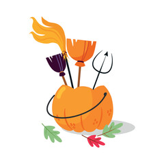 Sticker - Halloween with Pumpkin Basket and Witch Boom Vector Illustration