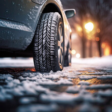 Winter tire. Detail of car tires in winter on the road covered with snow. .background
