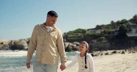 Sticker - Beach, point and walking father and daughter holding hands, bonding and papa gesture at destination, holiday or view. Sea sand, happy family love and kid with dad care, support and travel on vacation