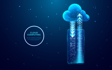 Aufkleber - Abstract Cloud Technology Concept. Cloud Storage with Arrows Up and down on smartphone screen. Digital vector illustration in futuristic low poly wireframe style. Geometry polygonal hologram