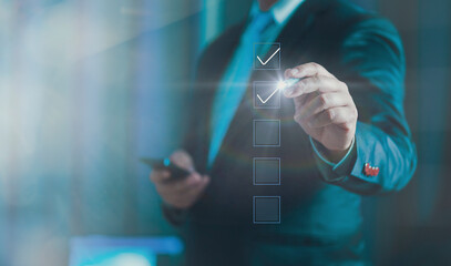 Poster - Businessman hand point to tick correct sign mark in checkbox for quality document control checklist and business approve project concept. Task Checklist and filling out survey form online.