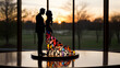 wedding cake topper of a happy couple, beautiful sunset landscape