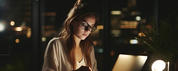 Wall Mural - woman with glasses working on laptop at night